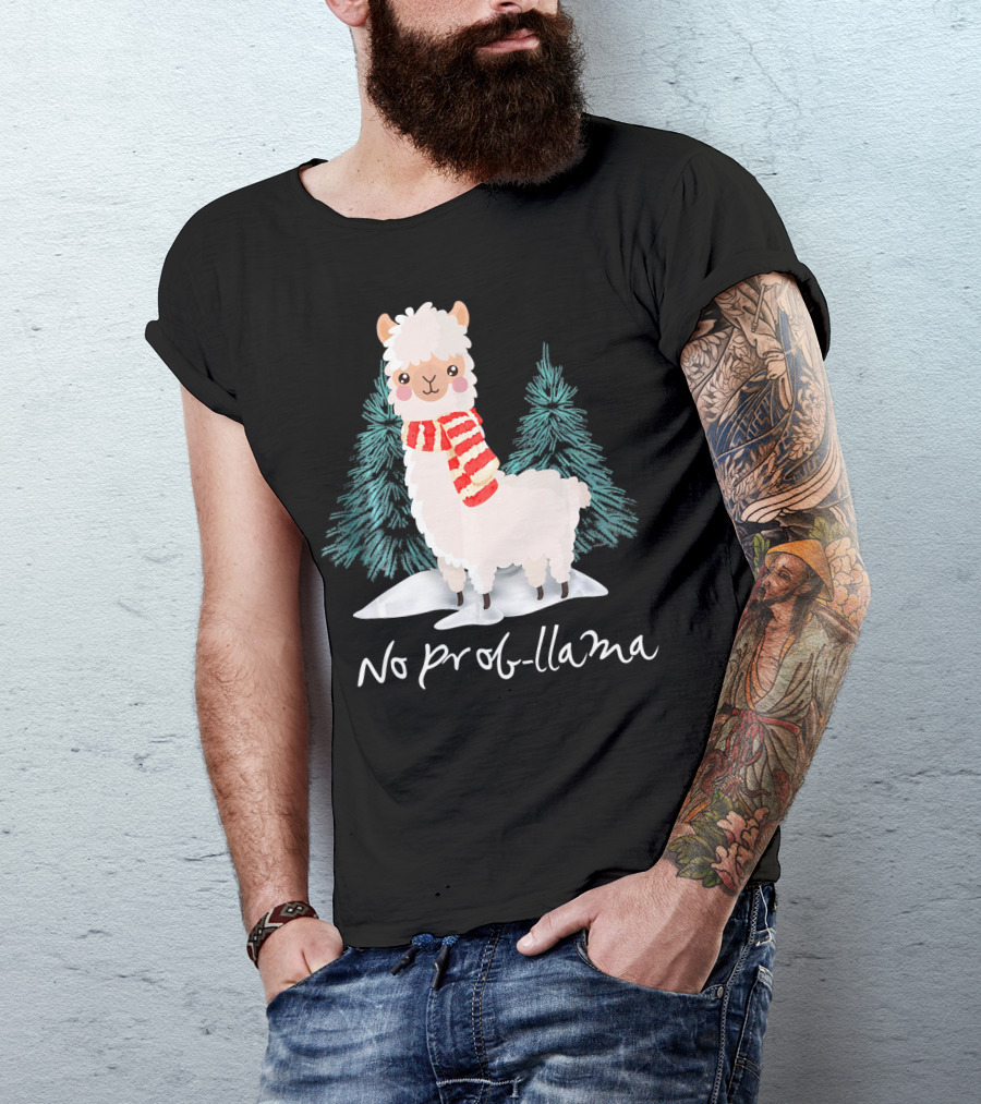 No Prob Llama Christmas Winter Scene With Festive Scarf T-Shirt
