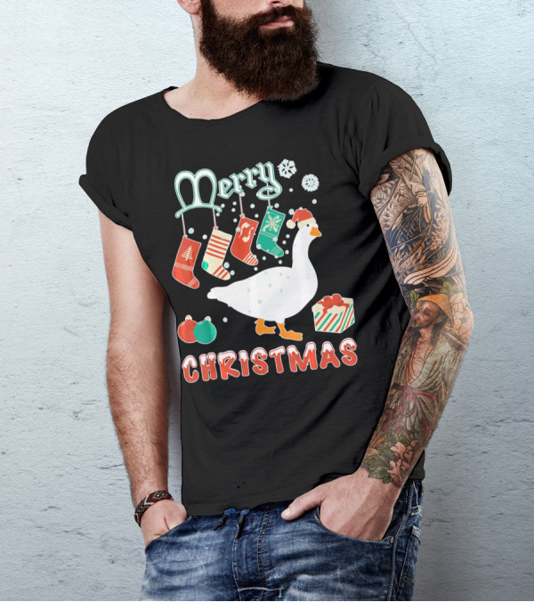 Merry Christmas Goose Festive Stockings And Gifts T-Shirt