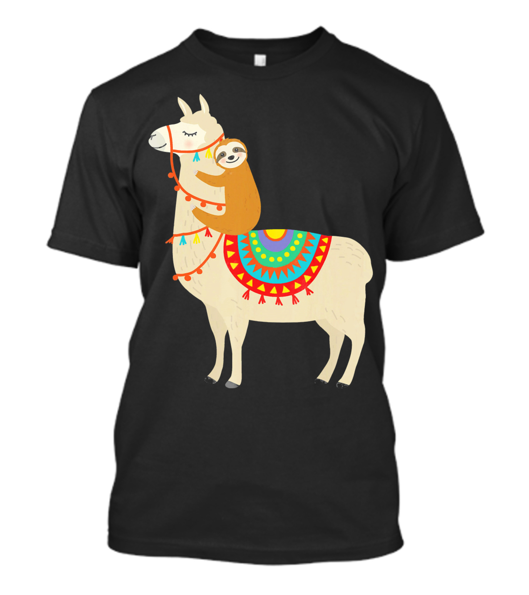 Sloth Hugging Llama With Colorful Blanket T-Shirt