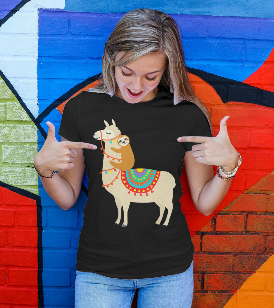 Sloth Hugging Llama With Colorful Blanket T-Shirt