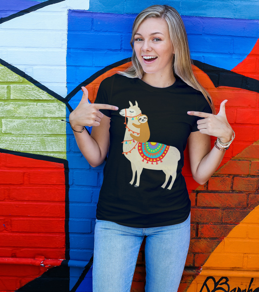 Sloth Hugging Llama With Colorful Blanket T-Shirt