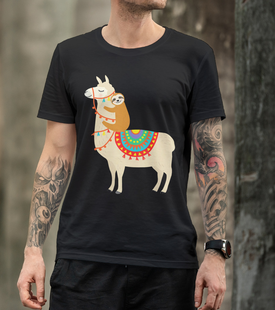 Sloth Hugging Llama With Colorful Blanket T-Shirt