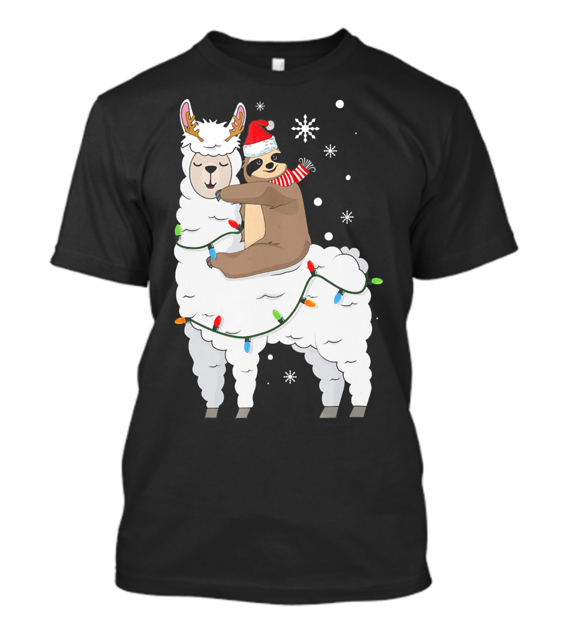 Sloth Riding Llama Cute Christmas Lights Snowflakes Santa Hat T-Shirt