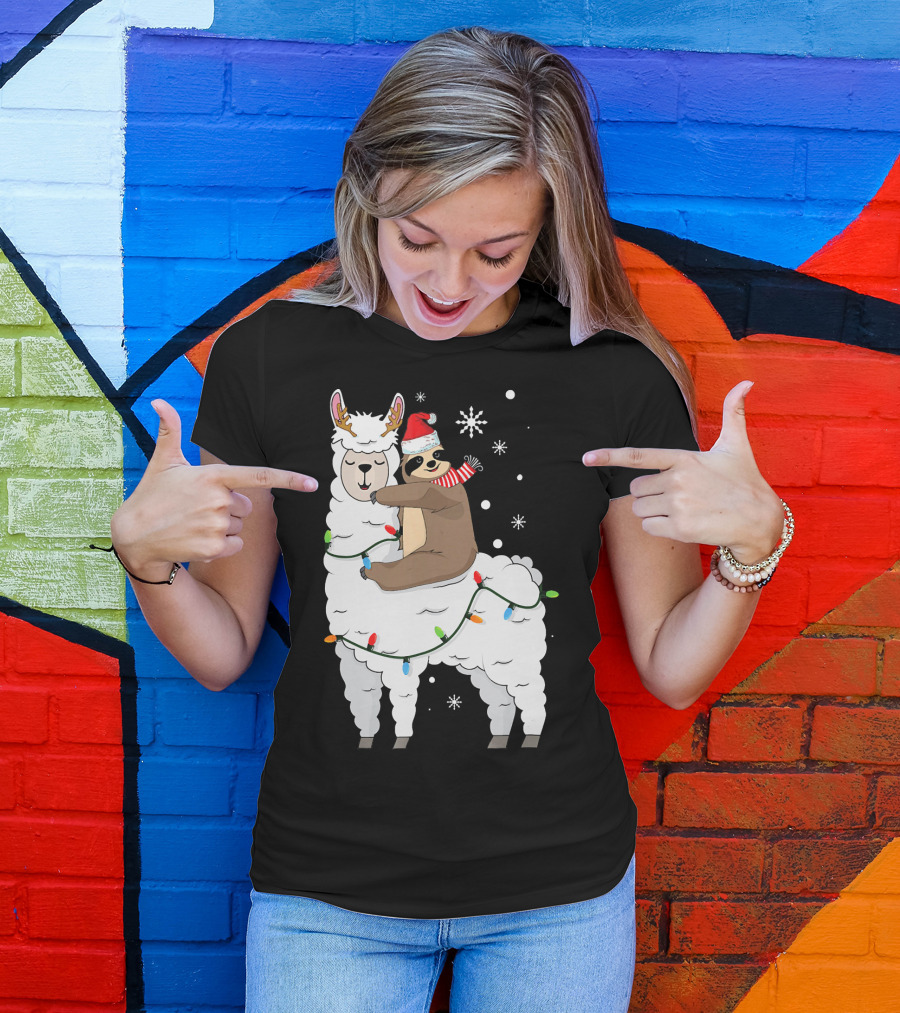 Sloth Riding Llama Cute Christmas Lights Snowflakes Santa Hat T-Shirt