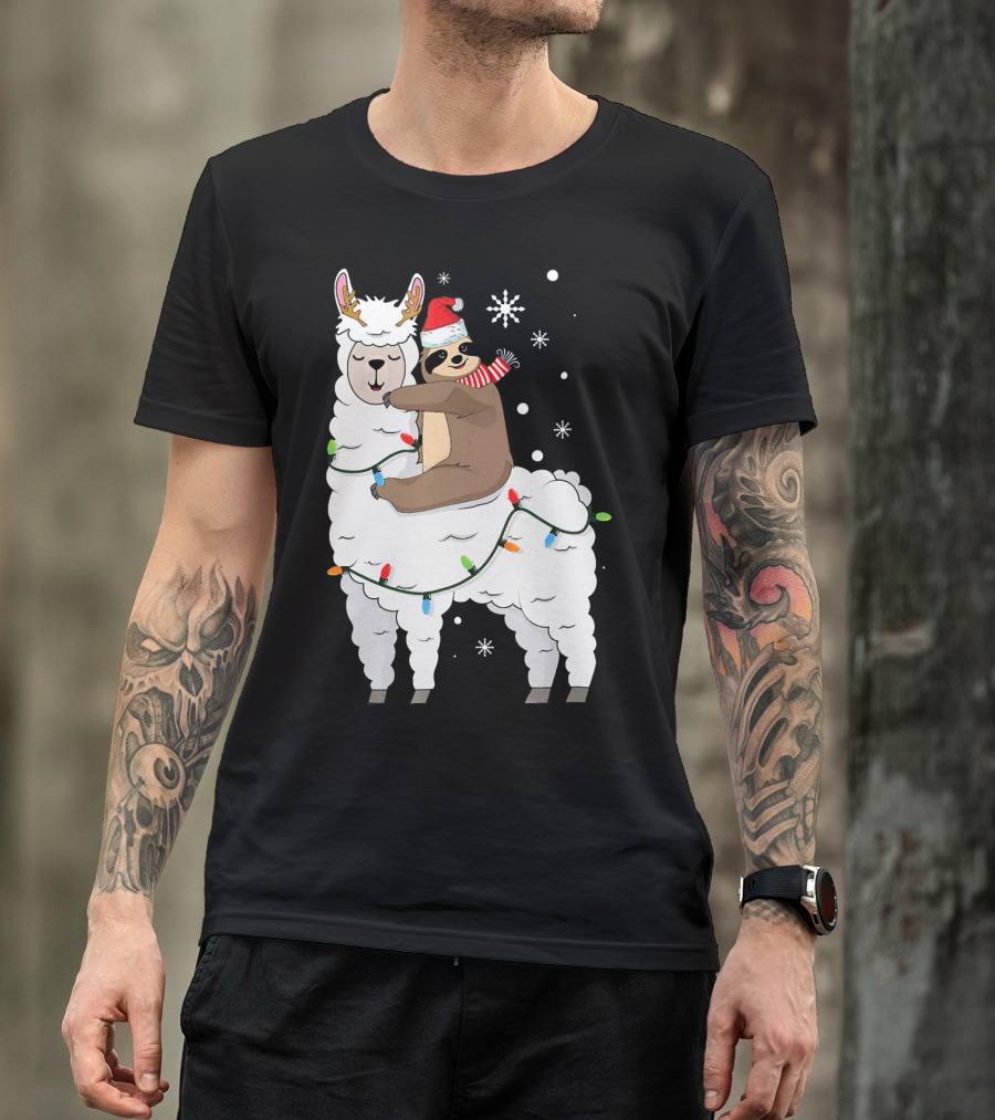 Sloth Riding Llama Cute Christmas Lights Snowflakes Santa Hat T-Shirt