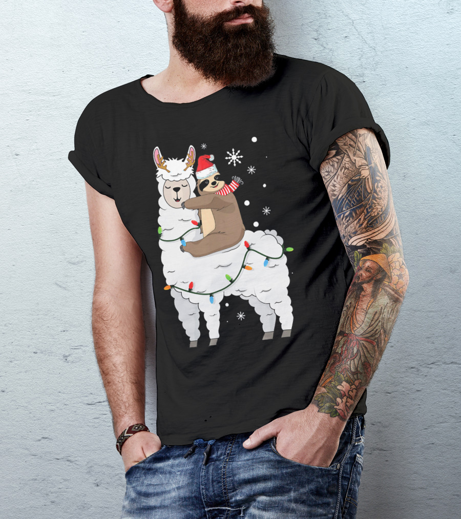 Sloth Riding Llama Cute Christmas Lights Snowflakes Santa Hat T-Shirt
