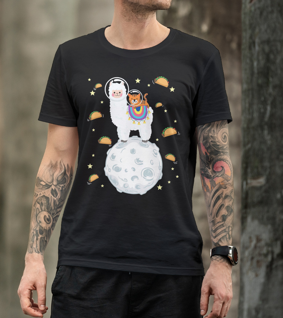 Space Cat Riding Llama On Moon With Tacos T-Shirt