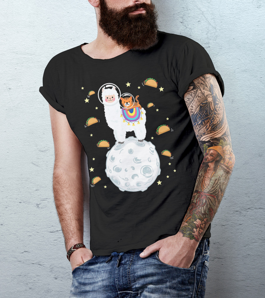 Space Cat Riding Llama On Moon With Tacos T-Shirt