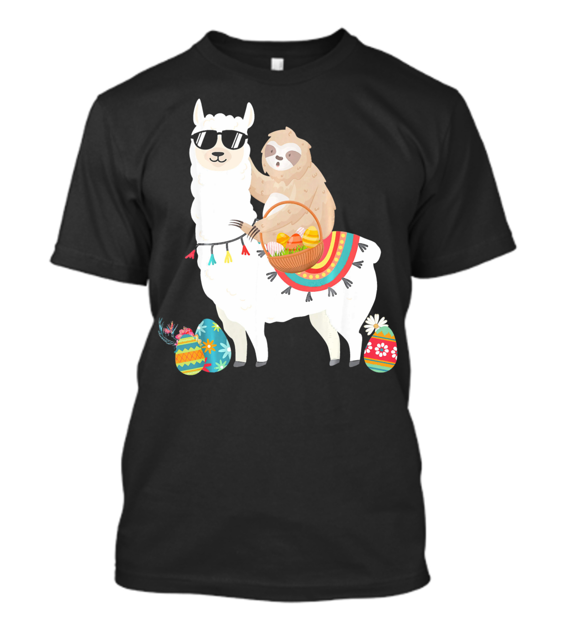 Sloth On Sunglasses-Wearing Llama With Colorful Basket Easter Eggs T-Shirt