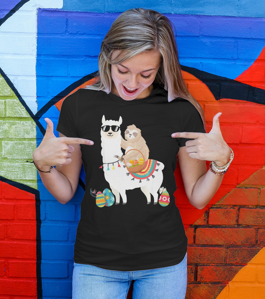 Sloth On Sunglasses-Wearing Llama With Colorful Basket Easter Eggs T-Shirt