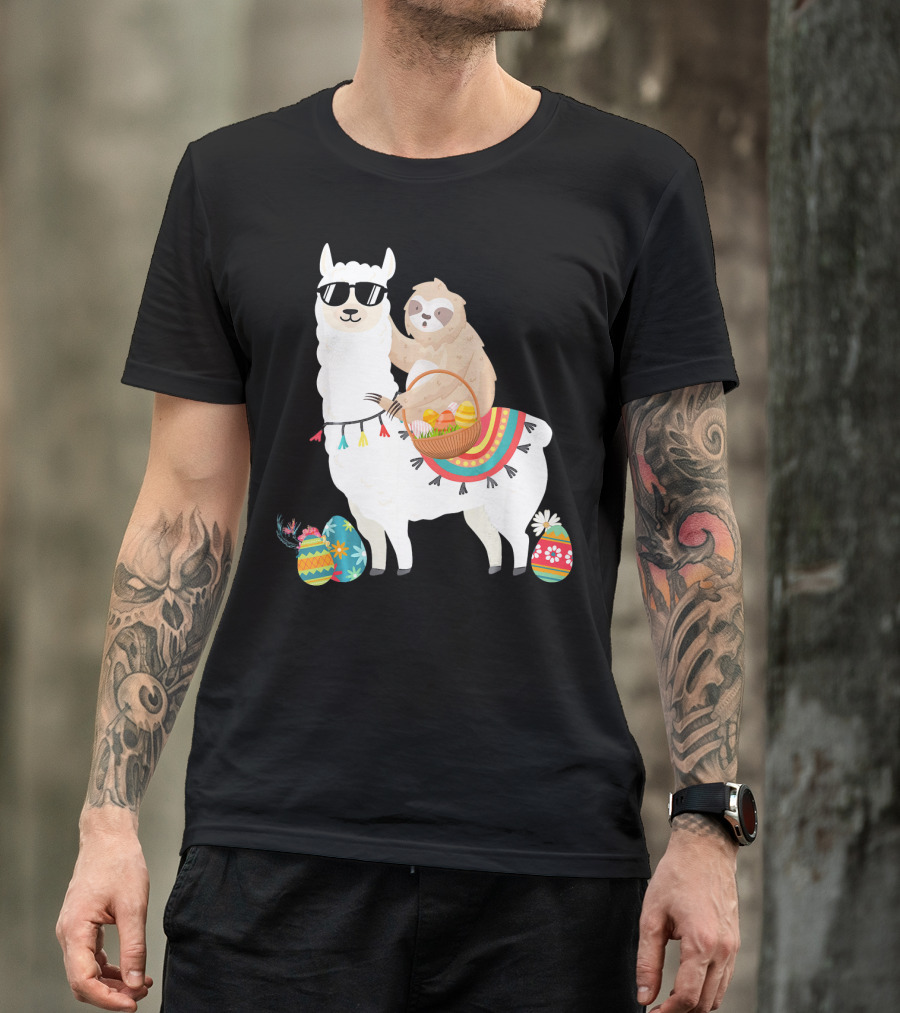 Sloth On Sunglasses-Wearing Llama With Colorful Basket Easter Eggs T-Shirt