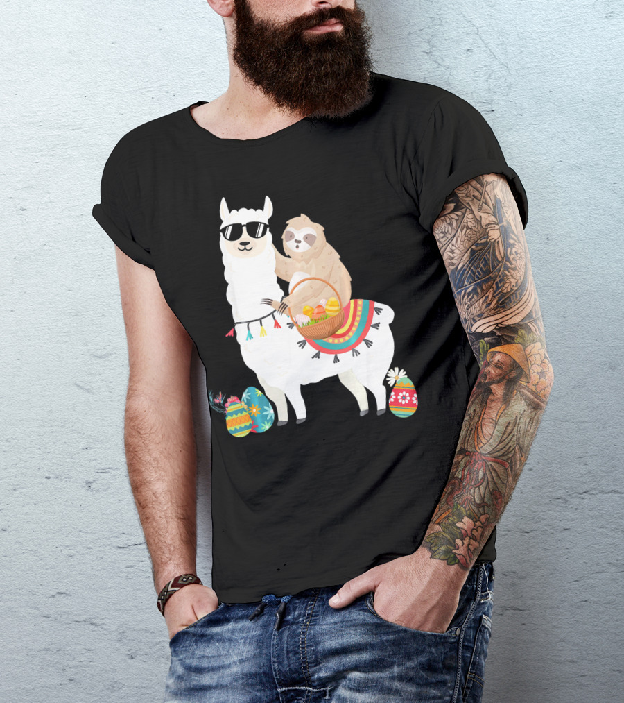 Sloth On Sunglasses-Wearing Llama With Colorful Basket Easter Eggs T-Shirt