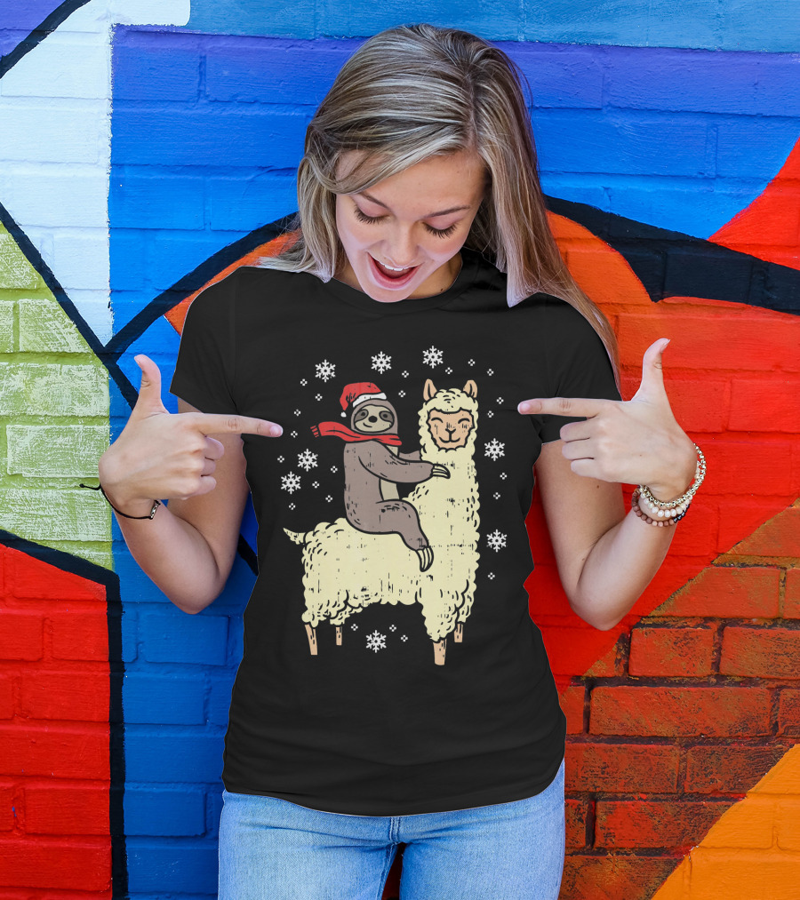 Santa Sloth Riding Llama With Snowflakes T-Shirt