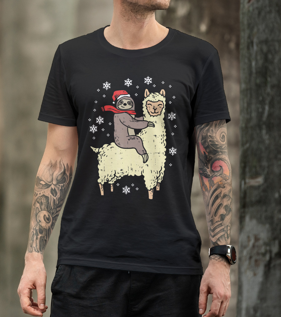 Santa Sloth Riding Llama With Snowflakes T-Shirt