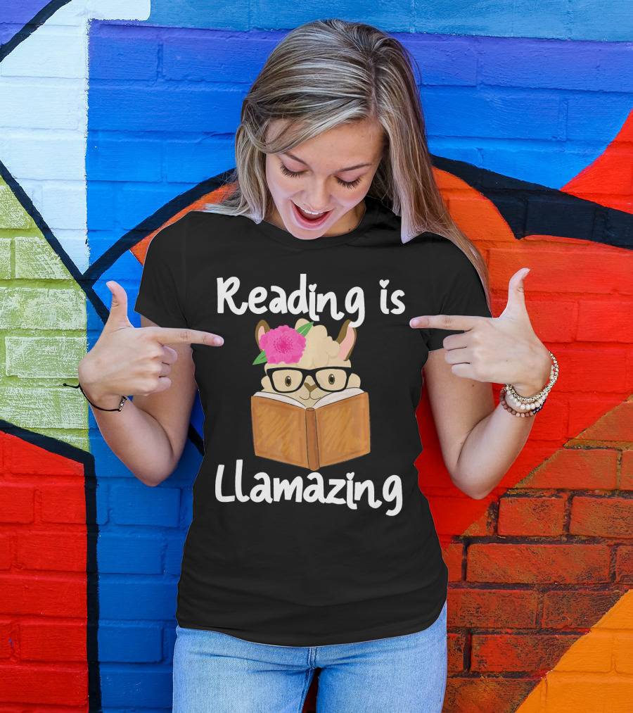 Reading Is Llamazing Llama Face Glasses Flower Book T-Shirt