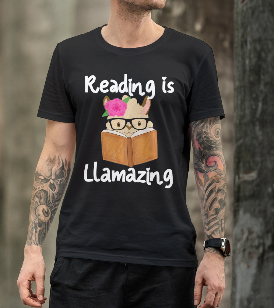 Reading Is Llamazing Llama Face Glasses Flower Book T-Shirt