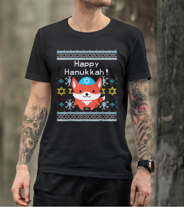 Happy Hanukkah Kawaii Fox With Stars Of David Snowflakes T-Shirt