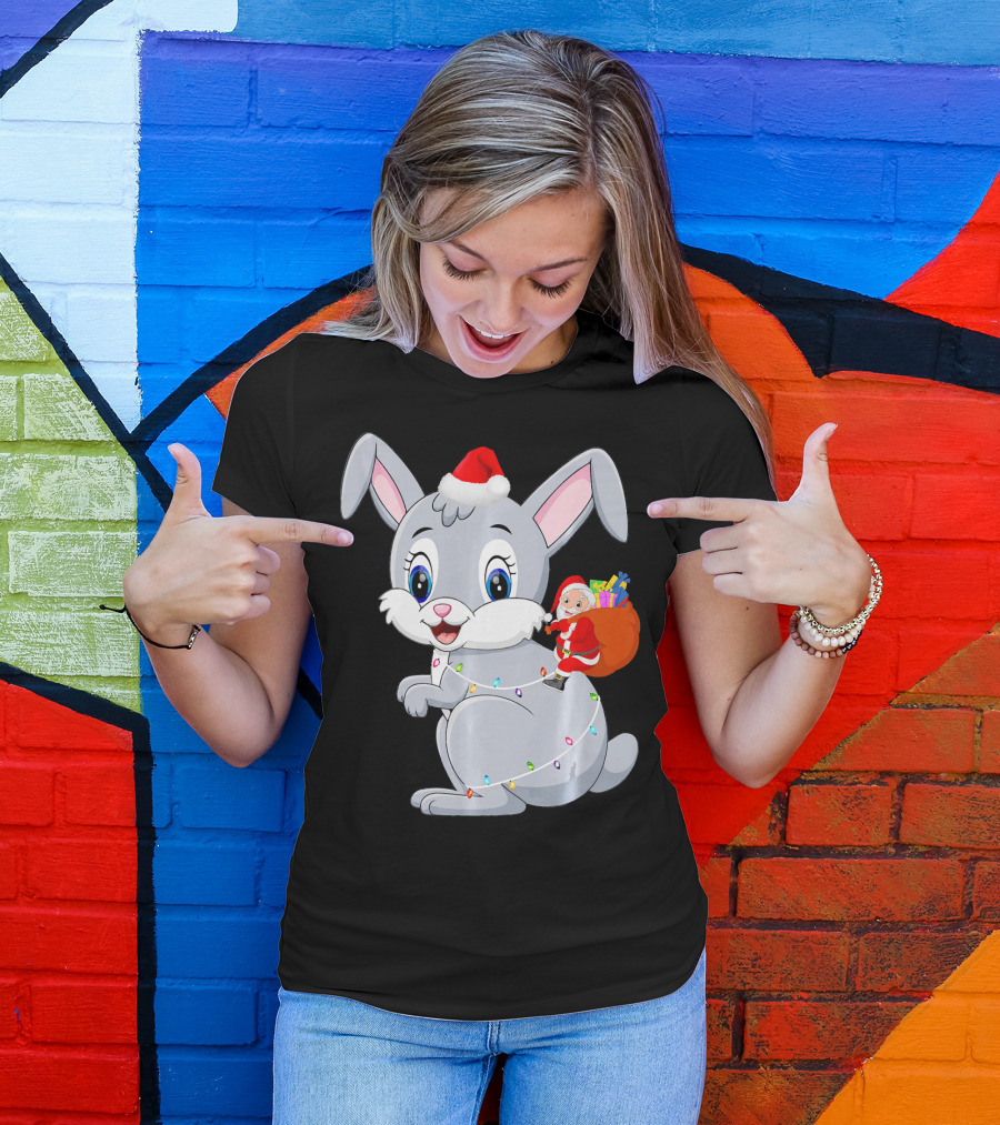Santa Claus Riding Giant Rabbit With Festive Lights T-Shirt