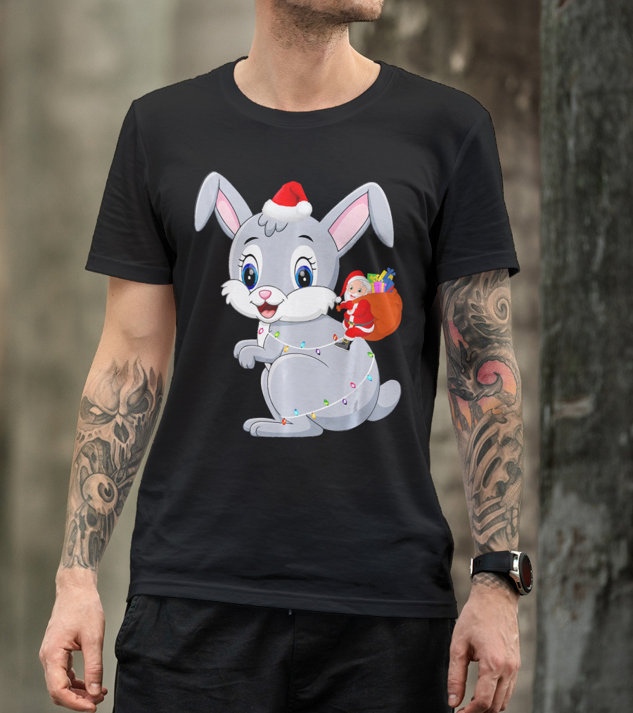 Santa Claus Riding Giant Rabbit With Festive Lights T-Shirt