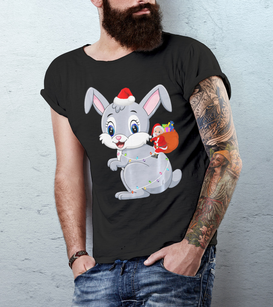 Santa Claus Riding Giant Rabbit With Festive Lights T-Shirt