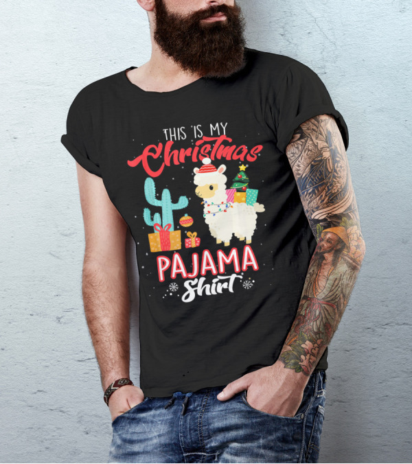 This Is My Christmas Pajama Shirt Llama Alpaca With Gifts And Cactus T-Shirt
