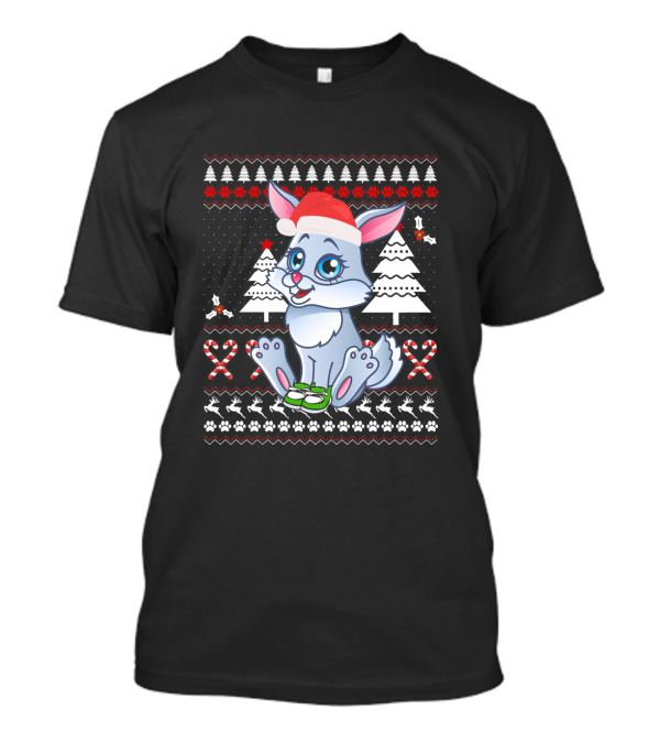 Rabbit Cute Ugly Christmas Santa Hat Candy Cane Trees T-Shirt