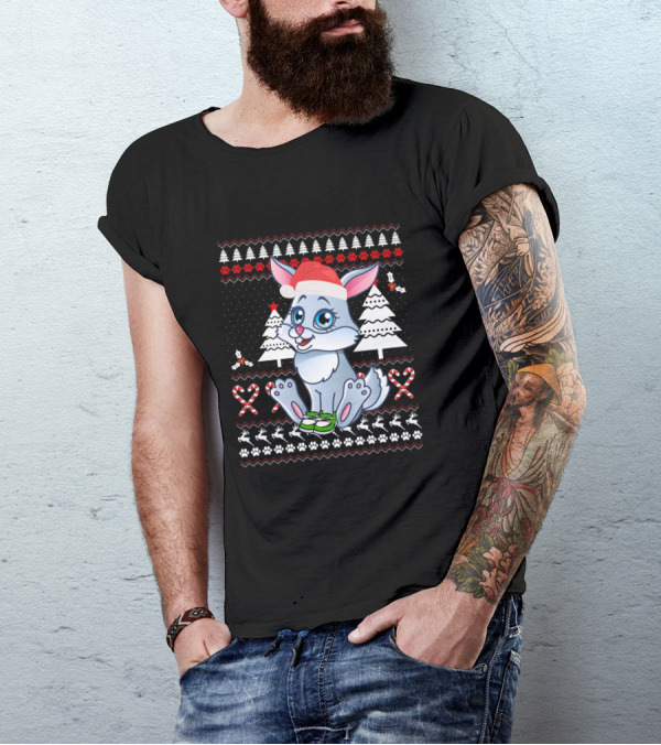 Rabbit Cute Ugly Christmas Santa Hat Candy Cane Trees T-Shirt