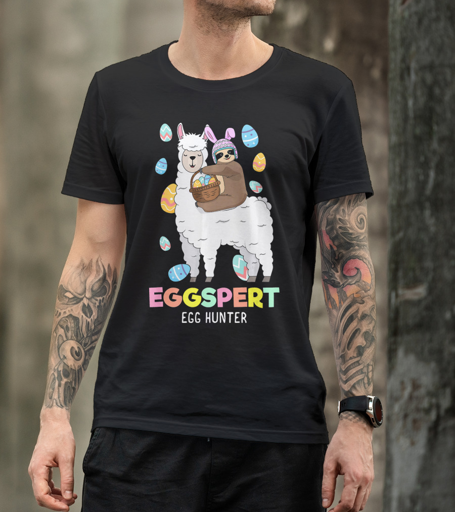 Eggspert Egg Hunter Sloth Riding Llama With Easter Eggs T-Shirt