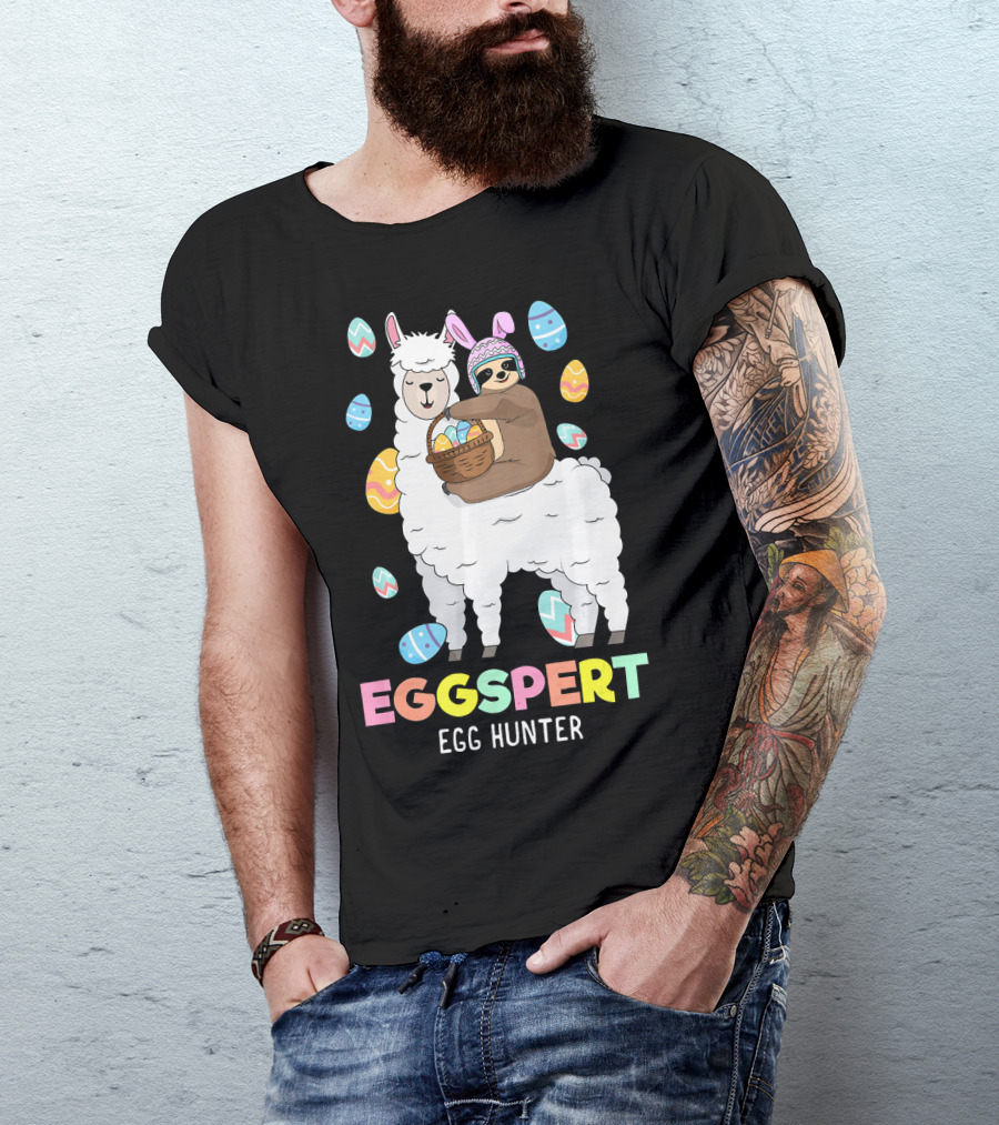 Eggspert Egg Hunter Sloth Riding Llama With Easter Eggs T-Shirt