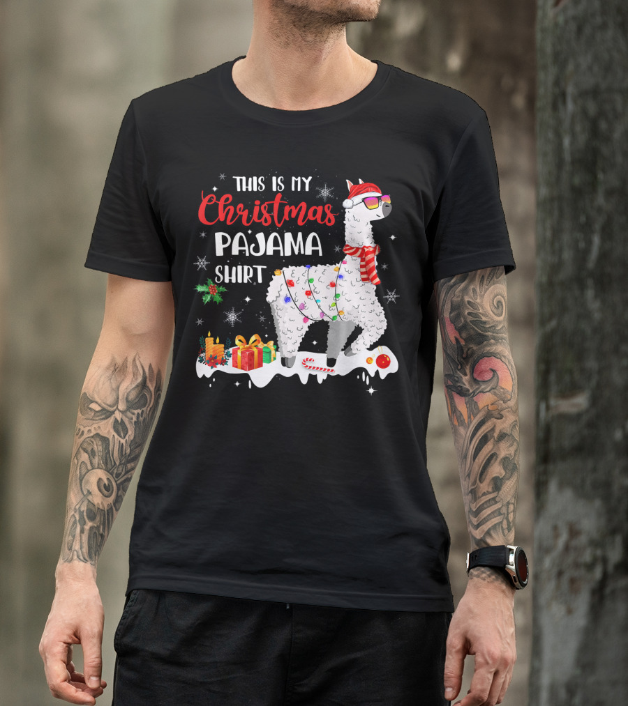This Is My Christmas Pajama Shirt Llama With Presents And Candy Canes T-Shirt