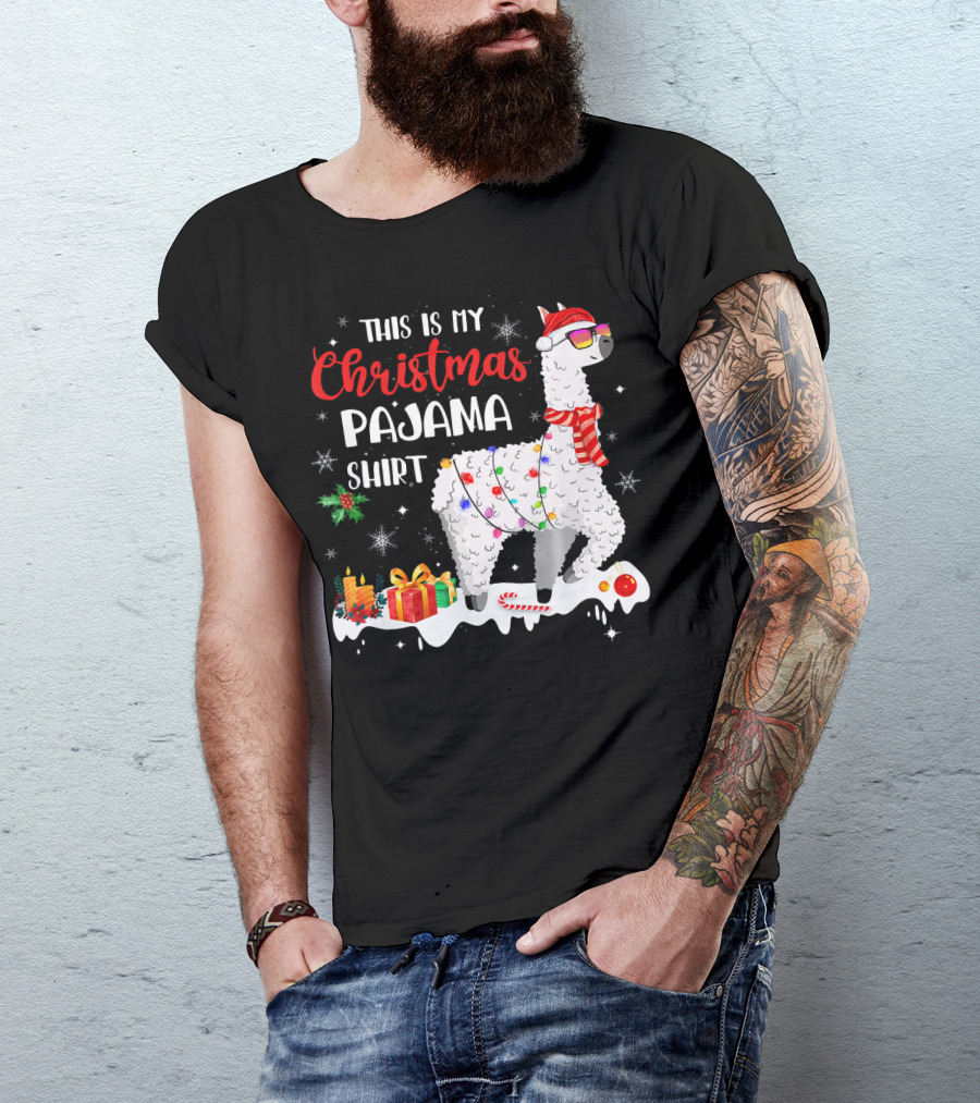This Is My Christmas Pajama Shirt Llama With Presents And Candy Canes T-Shirt