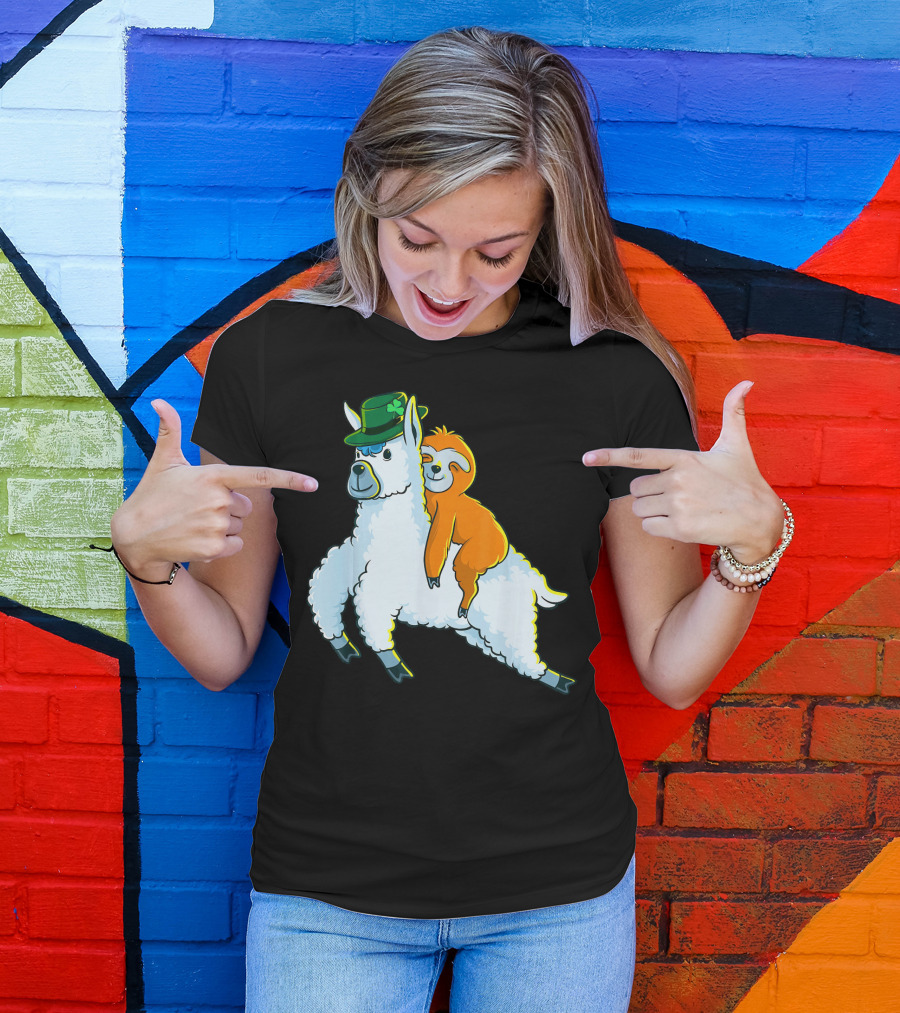 Sloth And Llama Adventure With Green Shamrock Hat T-Shirt