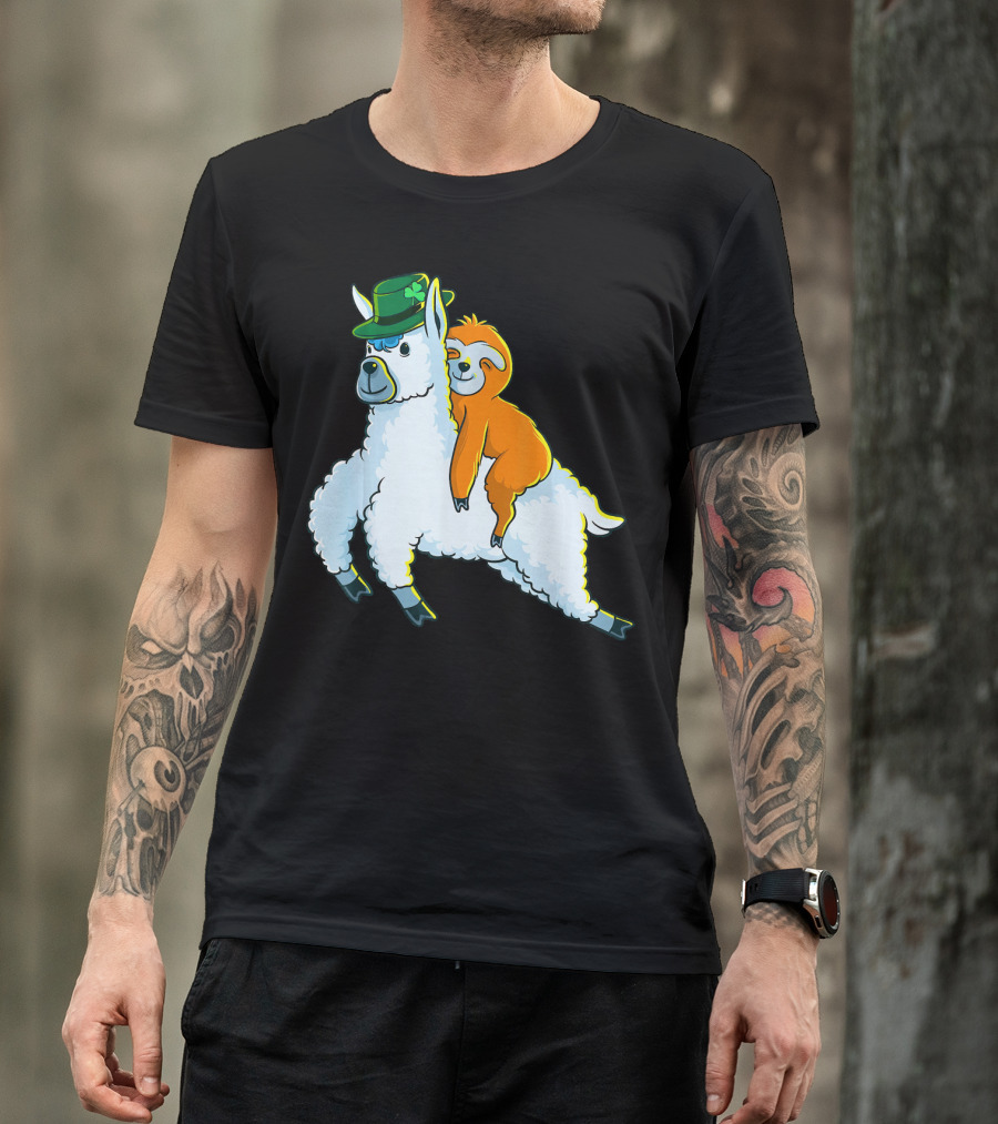 Sloth And Llama Adventure With Green Shamrock Hat T-Shirt