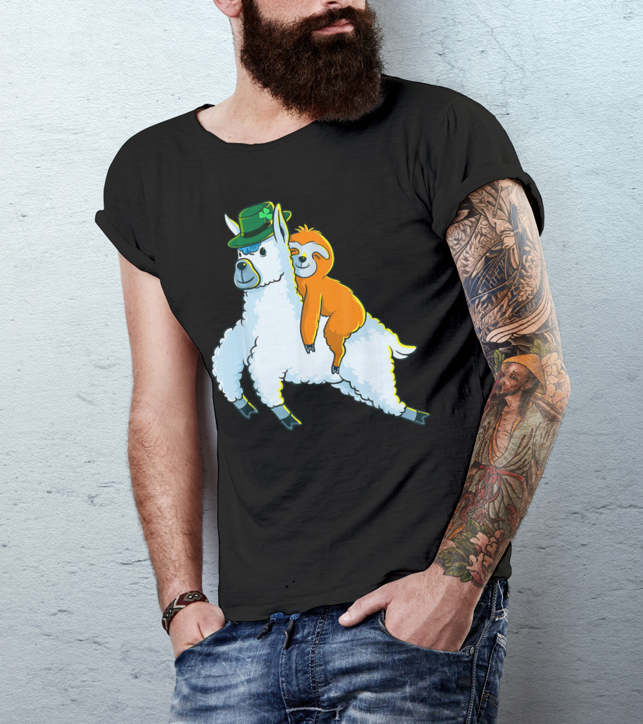 Sloth And Llama Adventure With Green Shamrock Hat T-Shirt