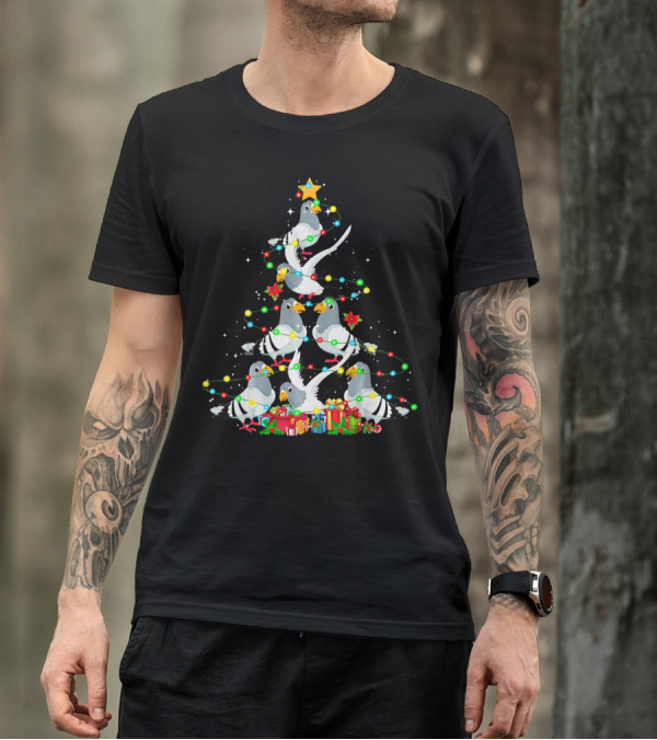 Pigeon Christmas Tree With Funny Birds And Festive Decorations T-Shirt