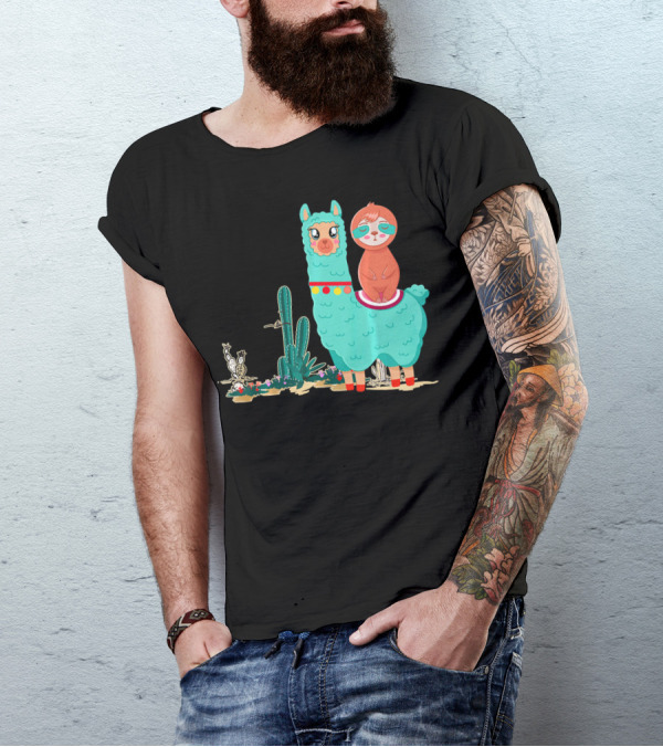 Sloth Riding Llama Funny Alpaca Heart Cactus Desert Scene T-Shirt