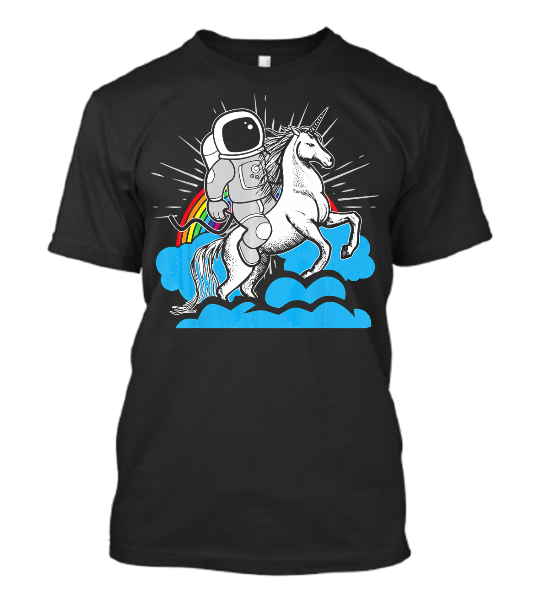 Unicorn Astronaut Riding Unicorn Rainbow Clouds Sky T-Shirt