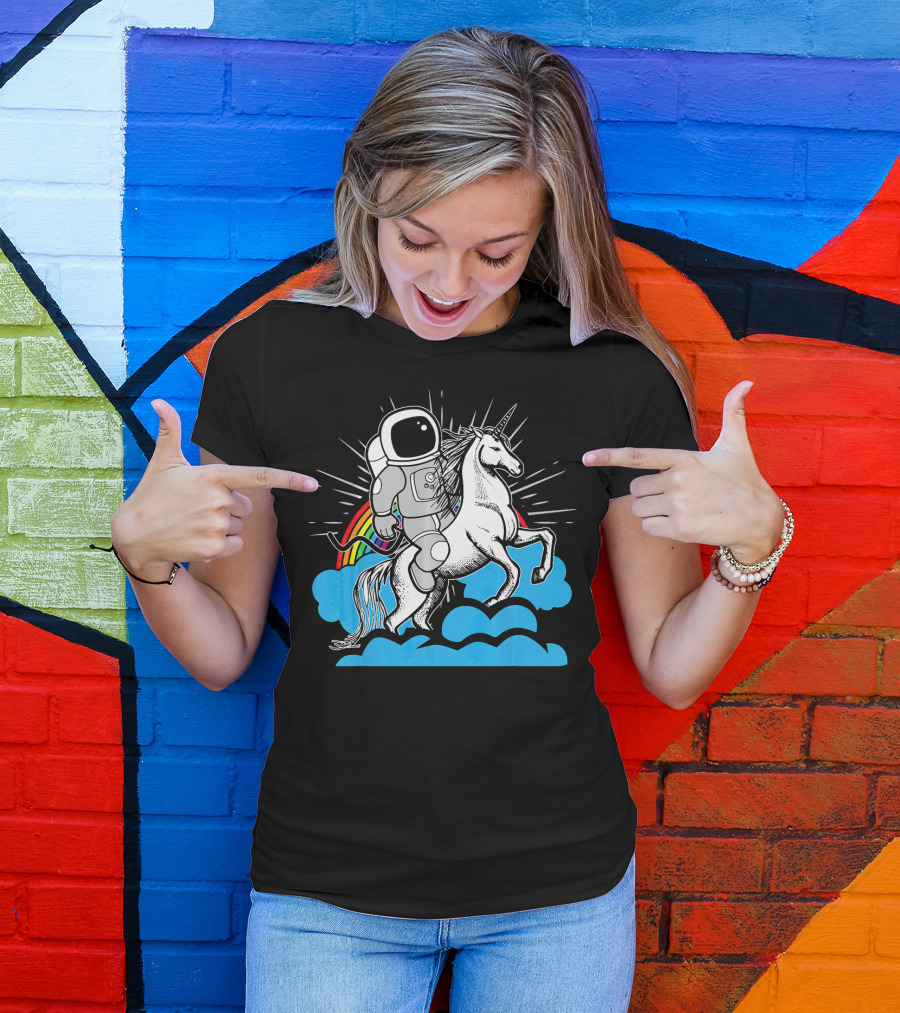 Unicorn Astronaut Riding Unicorn Rainbow Clouds Sky T-Shirt