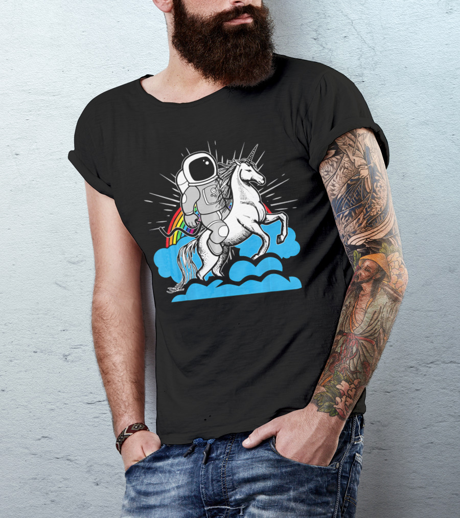 Unicorn Astronaut Riding Unicorn Rainbow Clouds Sky T-Shirt