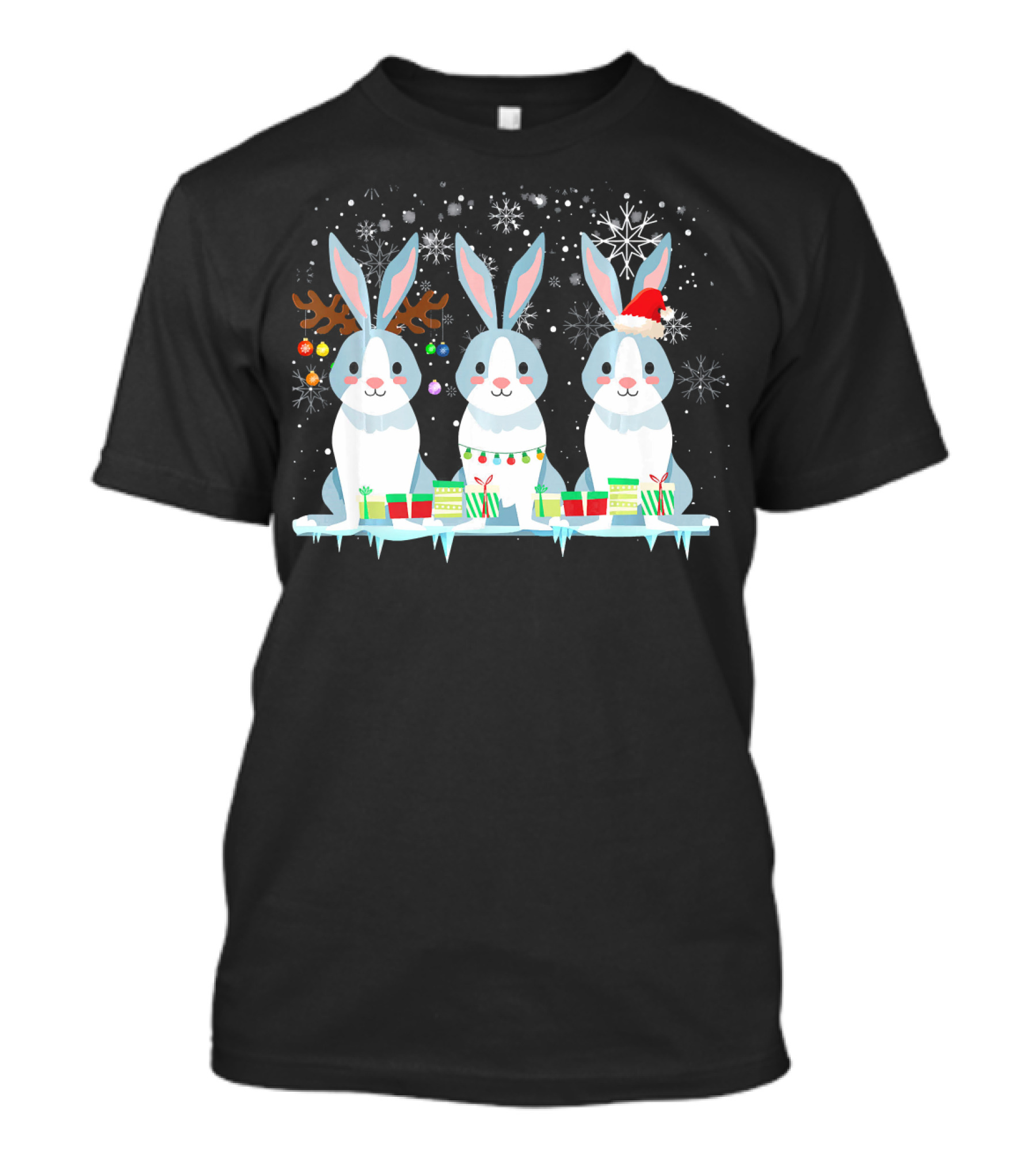 Rabbit Trio In Christmas Hats And Lights With Snowflakes And Gifts T-Shirt