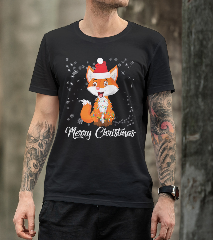 Merry Christmas Fox Santa Hat Snowflakes And Lights T-Shirt