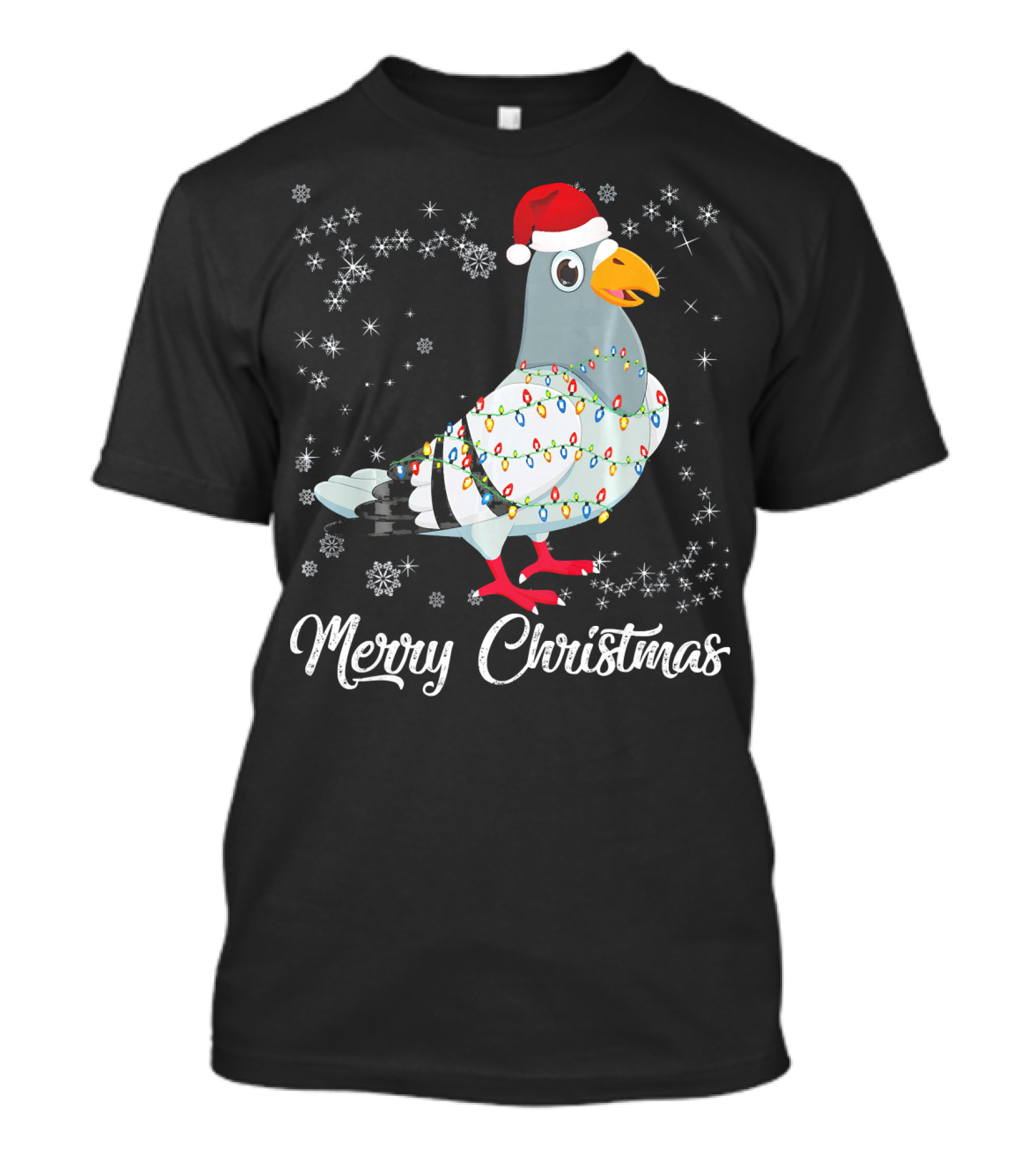 Merry Christmas Pigeon With Lights And Santa Hat Snowflakes T-Shirt