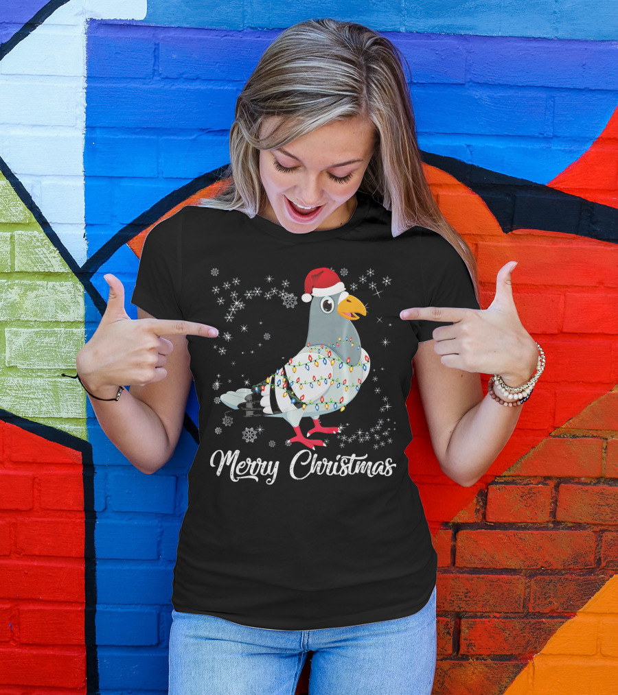Merry Christmas Pigeon With Lights And Santa Hat Snowflakes T-Shirt