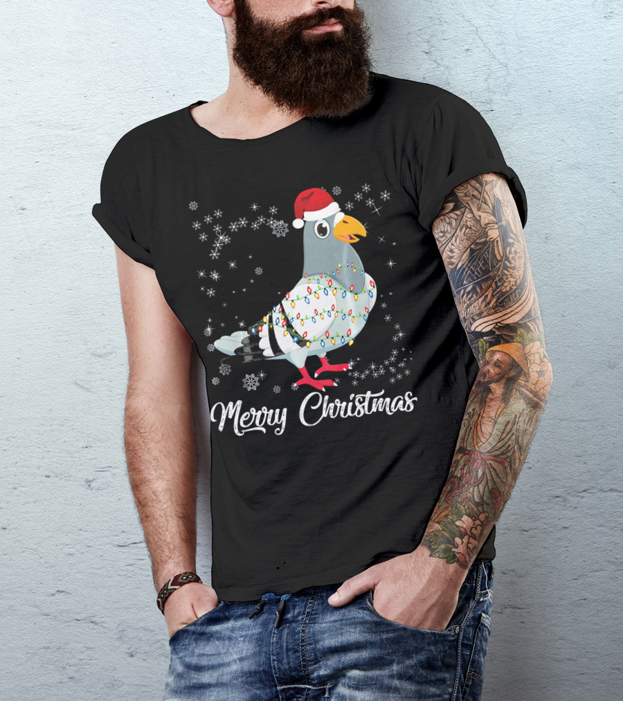 Merry Christmas Pigeon With Lights And Santa Hat Snowflakes T-Shirt
