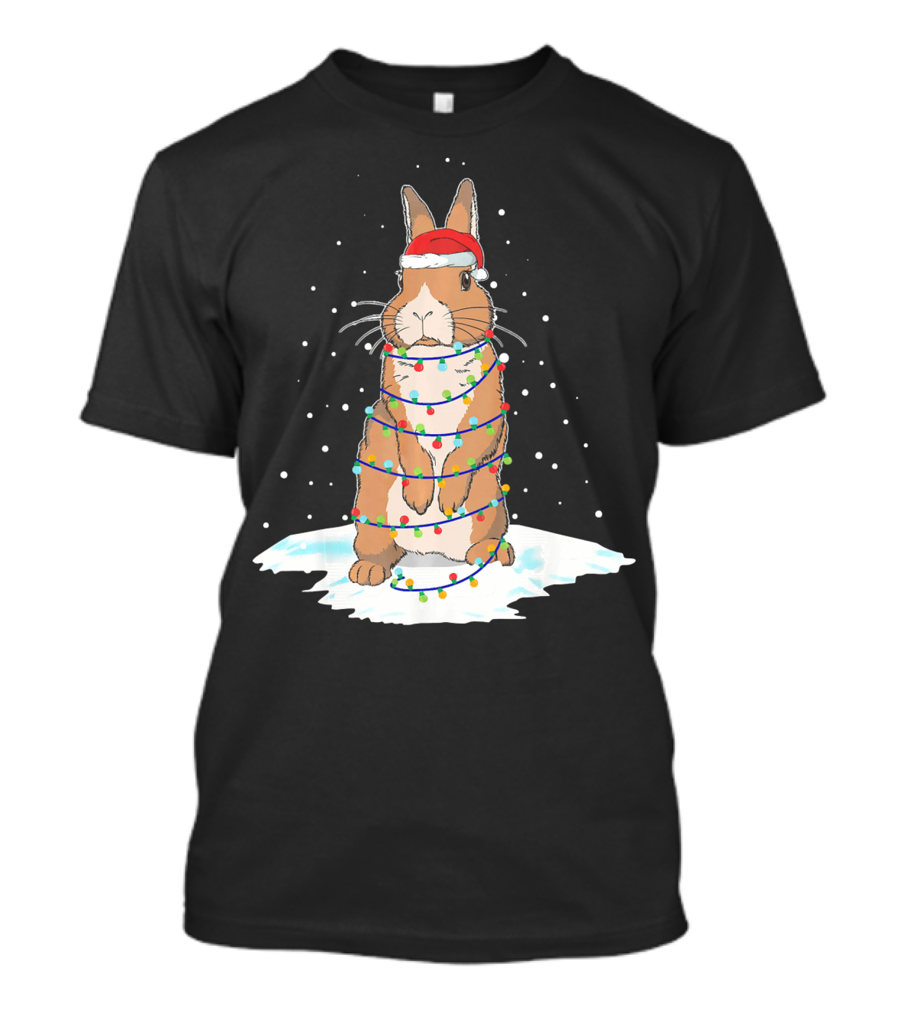 Rabbit Santa Wrapped In Christmas Light Tree With Snow Background T-Shirt