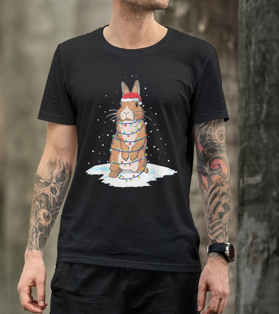 Rabbit Santa Wrapped In Christmas Light Tree With Snow Background T-Shirt