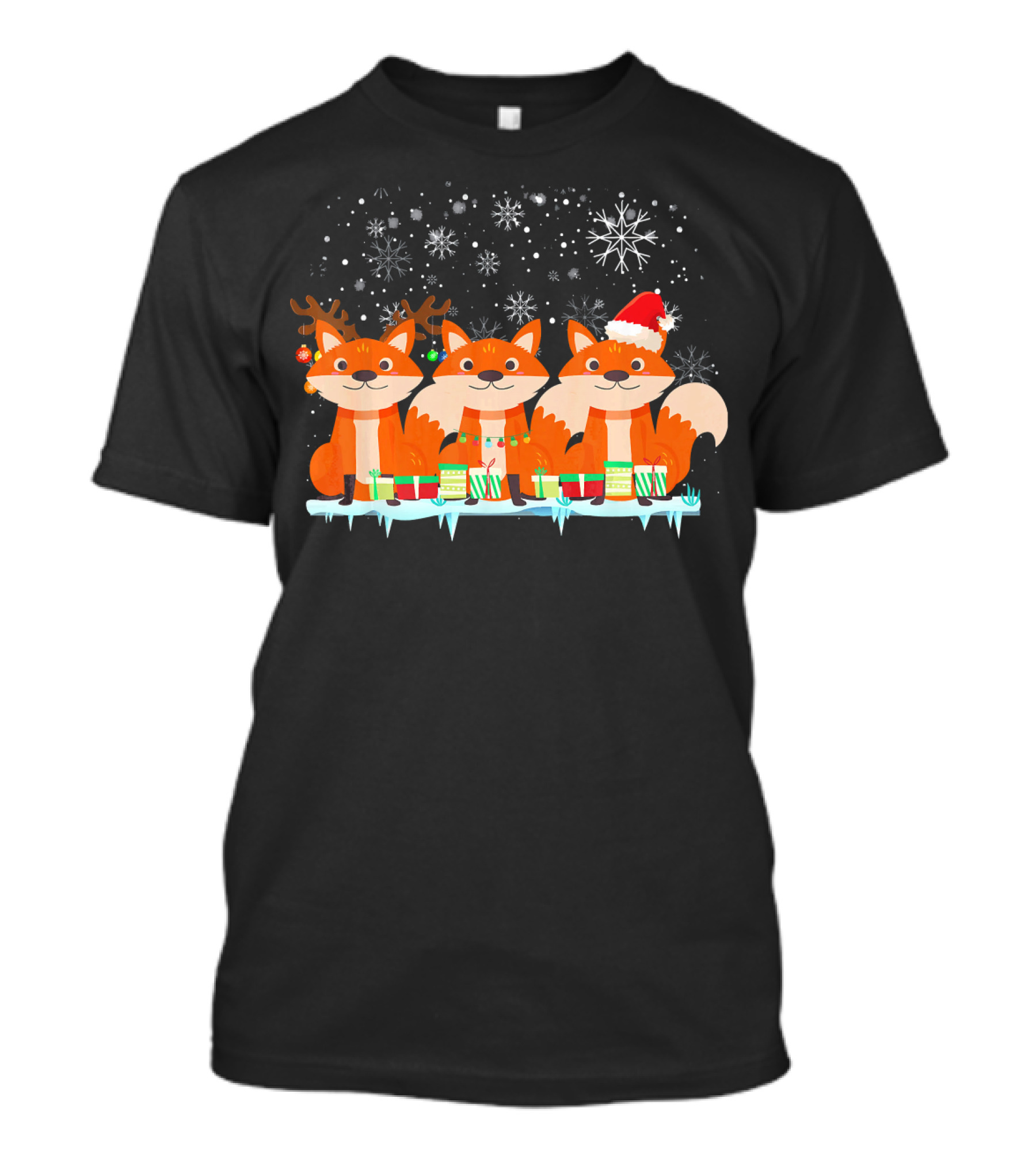 Santa Fox Christmas Lights Reindeer Fox Snowflakes T-Shirt