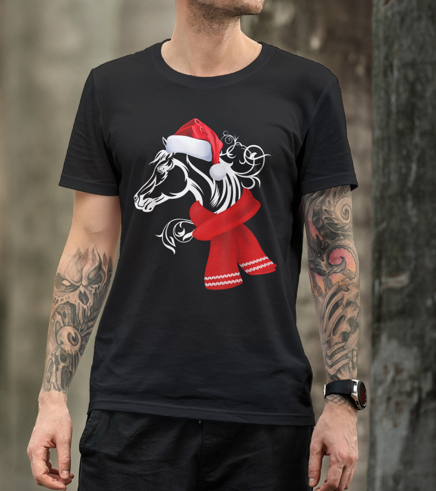 Merry Christmas Horse Lover Santa Hat Scarf T-Shirt