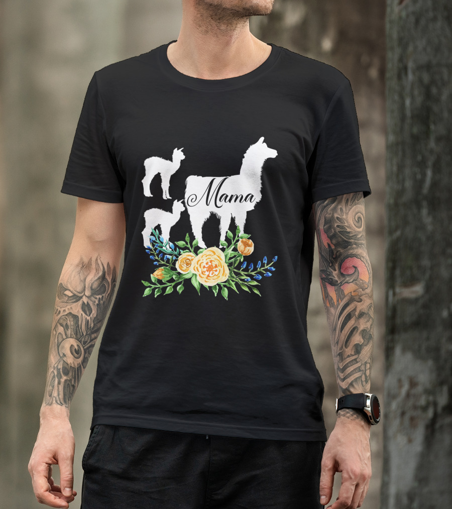 Mama Llama With Floral Design And Two Baby Llamas T-Shirt