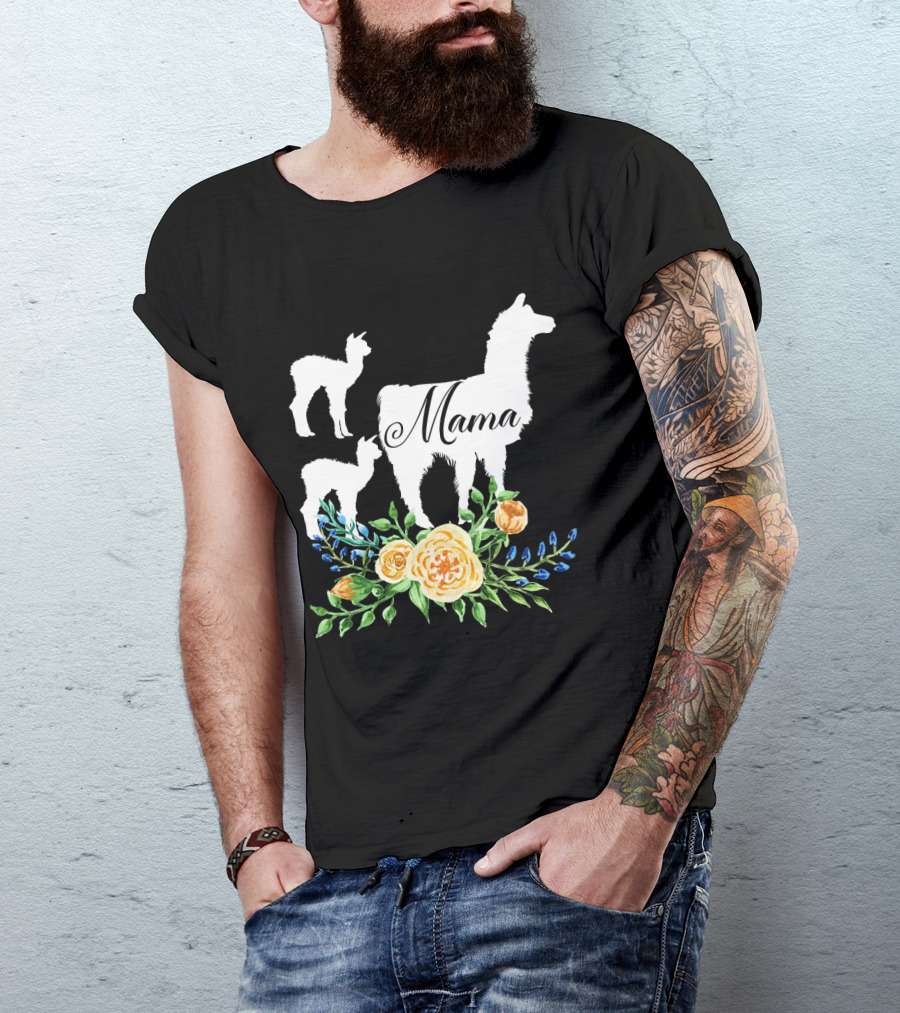 Mama Llama With Floral Design And Two Baby Llamas T-Shirt